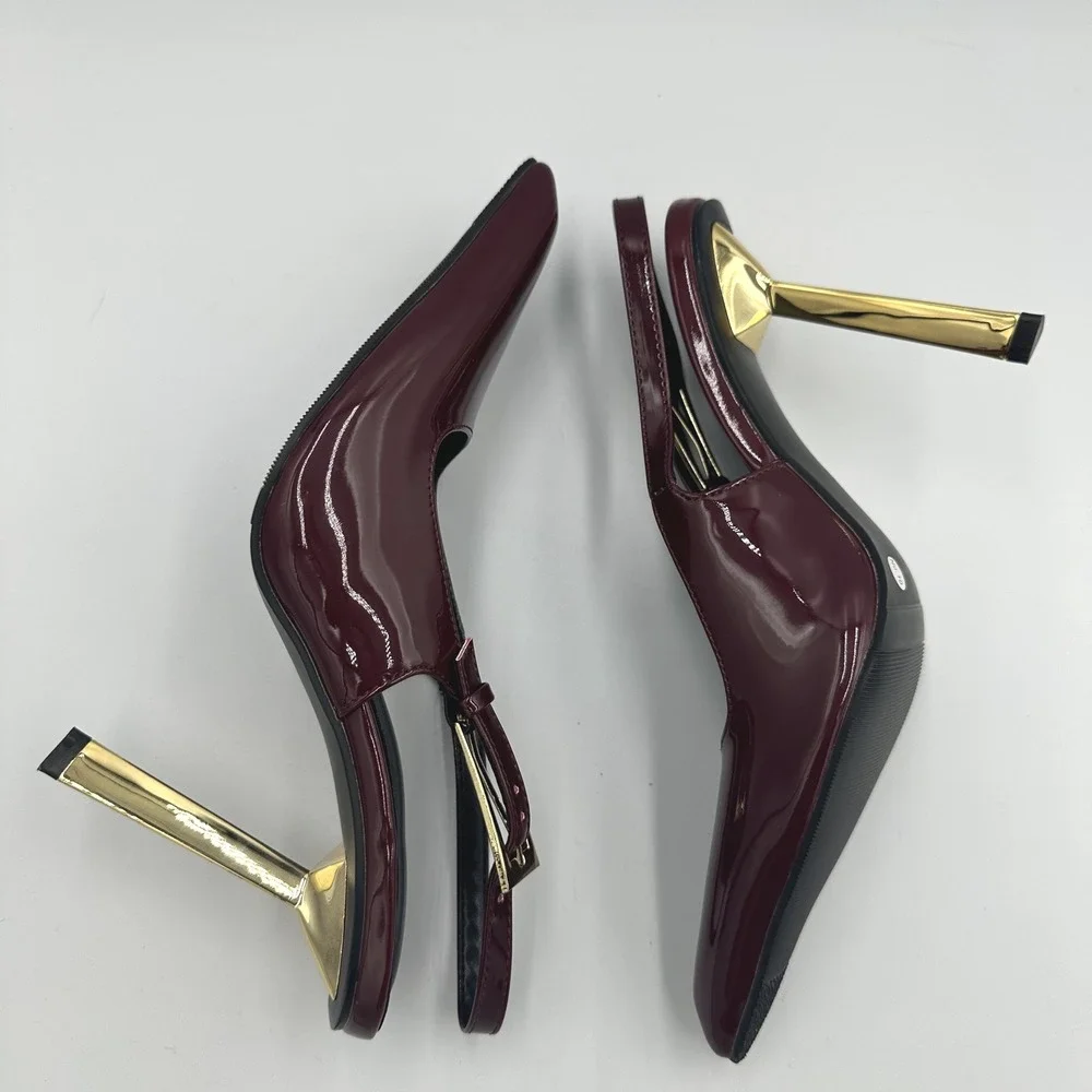 Burgundy Patent Pointed Toe Slingback Pumps 4in Gold Architectural Heel EU36 US6